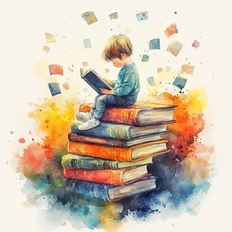 Дете открива света на думите, четейки върху купчина цветни книги